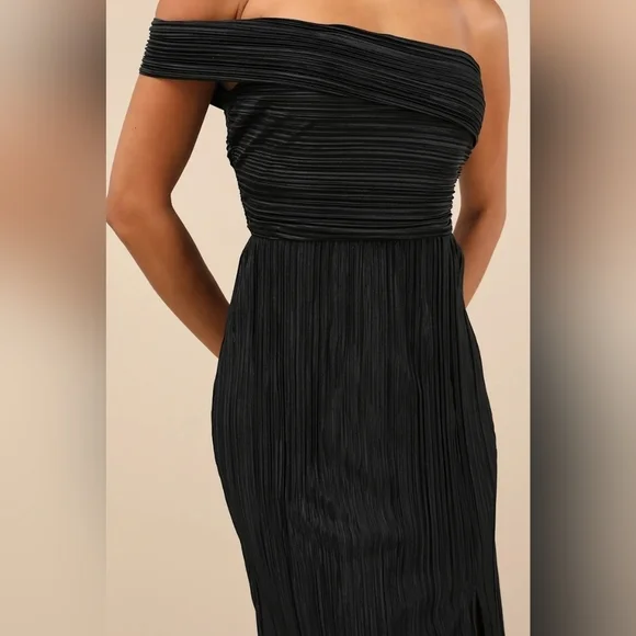Lulus Poised Performance Black Plisse One-Shoulder Maxi Dress XL Wedding Party - Picture 4 of 9